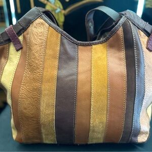 Lucky Brand Vintage Inspired Bag Multi Colored Patchwork Leather Stripes Hobo